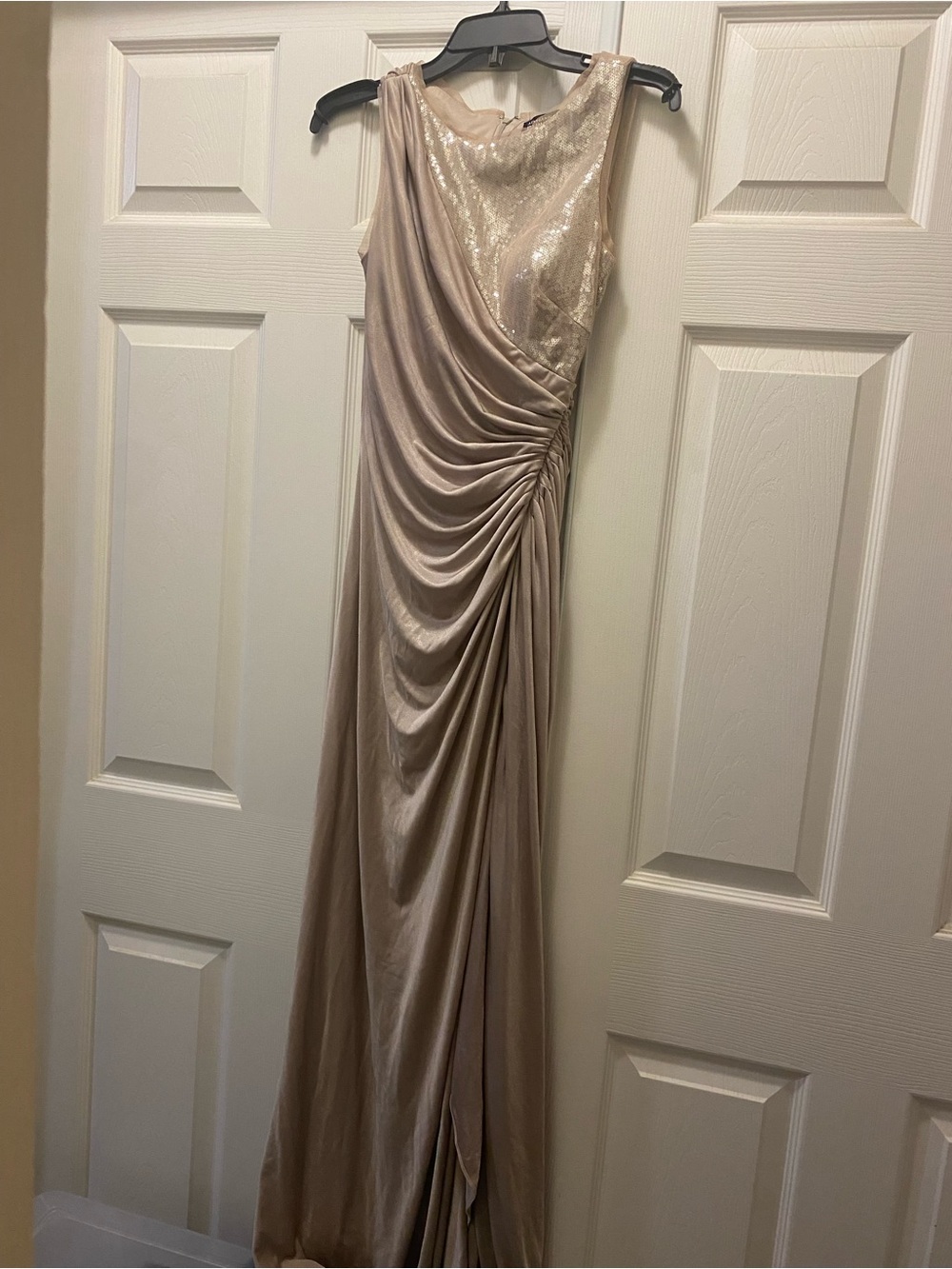 Adrianna Papell Sequin Bodice Draped Gown in Champagne